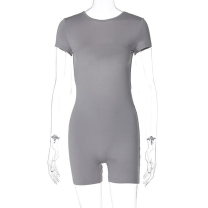 Short sleeve crewneck solid backless hollow out romper