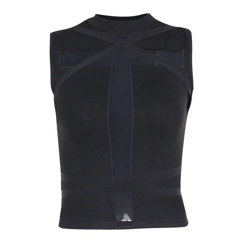 Crewneck patchwork cross front cross pattern tank top