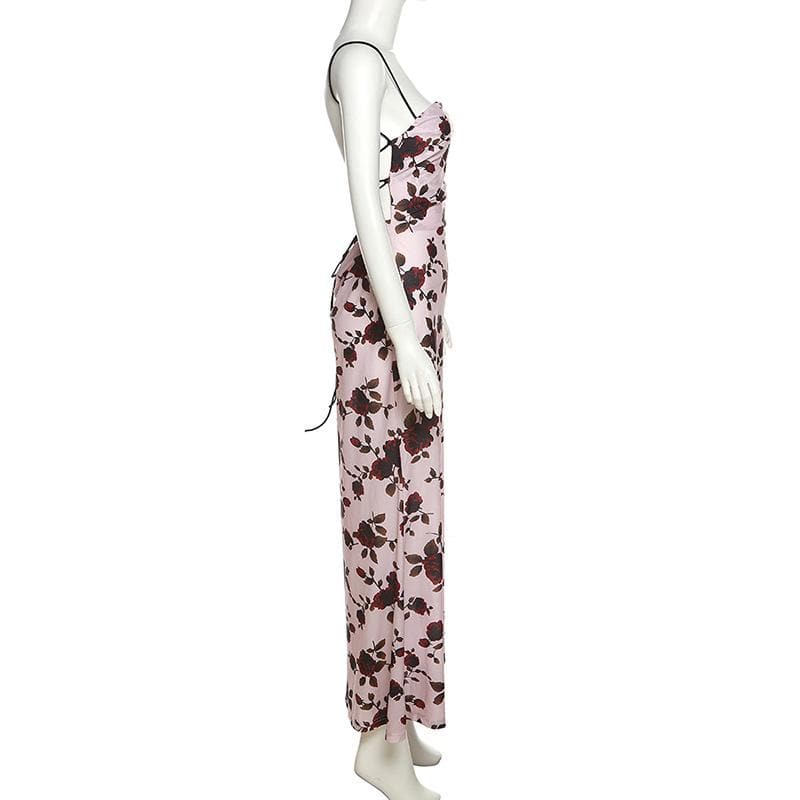 Floral Print Square Neck Spaghetti Strap Back Lace Up Maxi Dress