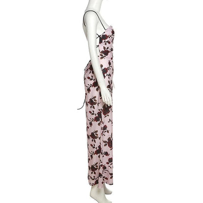 Floral Print Square Neck Spaghetti Strap Back Lace Up Maxi Dress