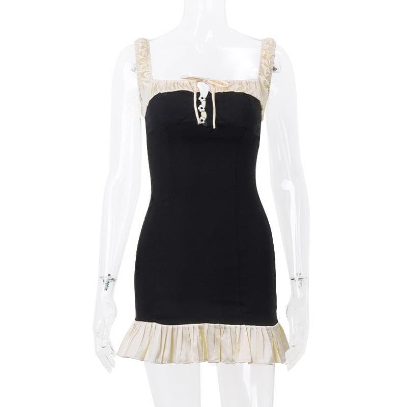 Off Shoulder Contrast Ruffle Trim Daisy Button Bodycon Mini Dress