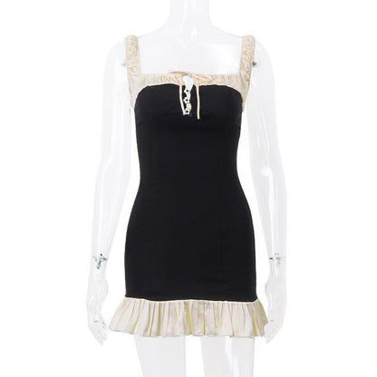 Off Shoulder Contrast Ruffle Trim Daisy Button Bodycon Mini Dress