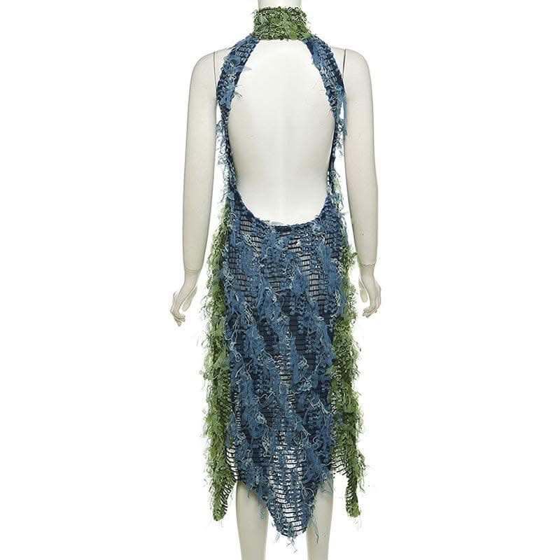 Halter high neck contrast textured backless midi dress-final-sale