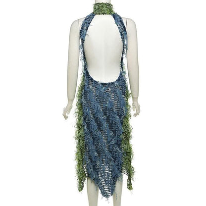 Halter high neck contrast textured backless midi dress-final-sale