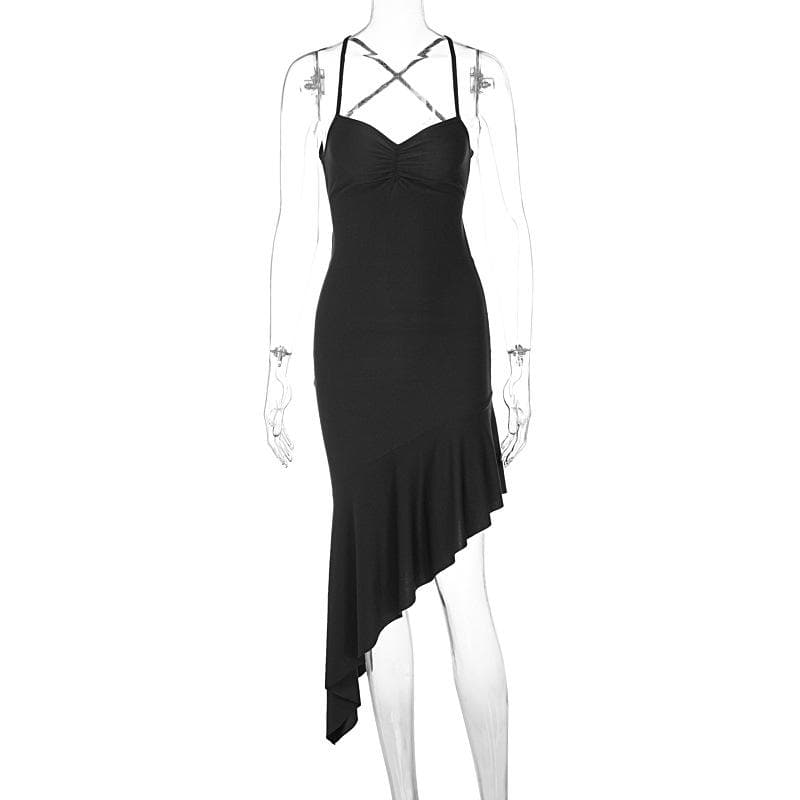 Ruched irregular cross back ruffle cami midi dress