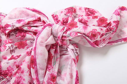 One shoulder knotted slit flower print ruffle maxi dress