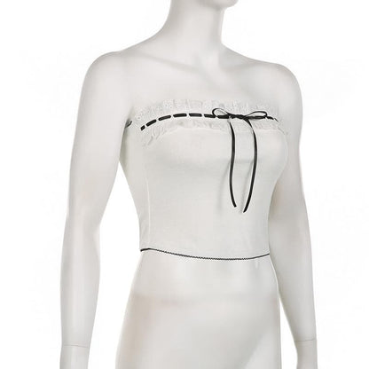 Contrast stitch lace hem self tie backless tube crop top