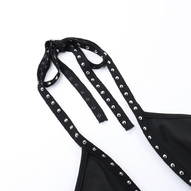 Halter buckle slit backless hollow out cut out mini dress