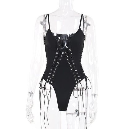V neck lace up hollow out solid cami bodysuit