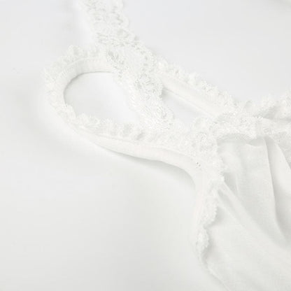 Halter lace hem ruched self tie cami top