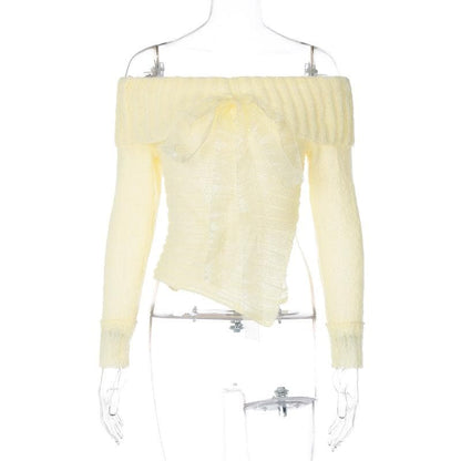 Long sleeve off shoulder bowknot ribbon ruffle ribbed knitted top
