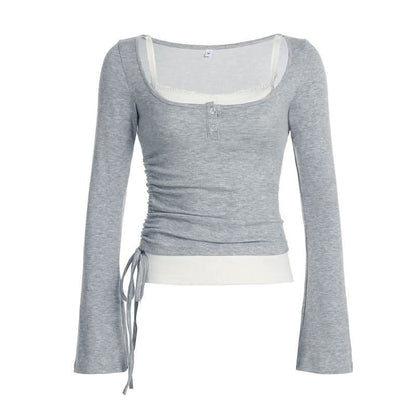 U neck long sleeve lace hem drawstring 2 piece top