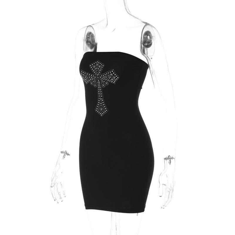 Cross pattern beaded backless tube mini dress