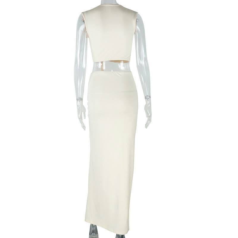 Irregular ruched slit hollow out v neck cut out maxi dress