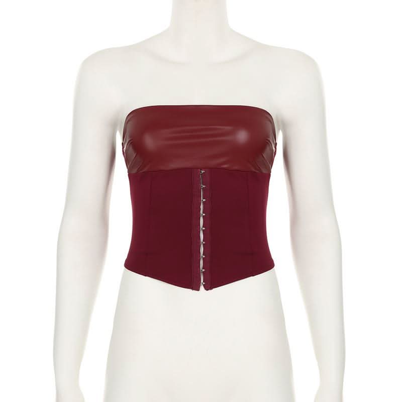 Lace up PU leather button corset solid tube top