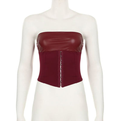 Lace up PU leather button corset solid tube top