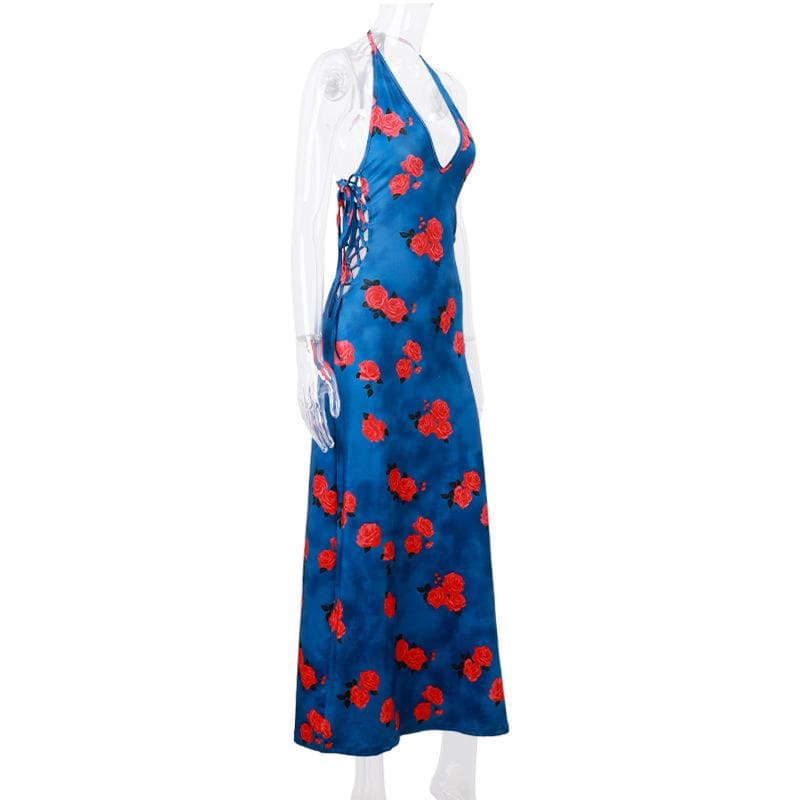 Halter Neck Side Lace Up Floral Print Bodycon Maxi Dress