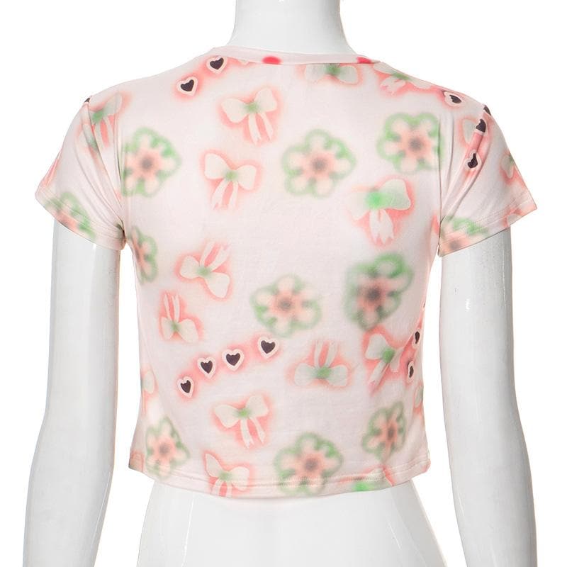 Crew neck short sleeve print crop top