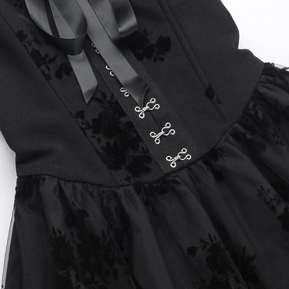 Ruffle smocked button ribbon flower print midi dress