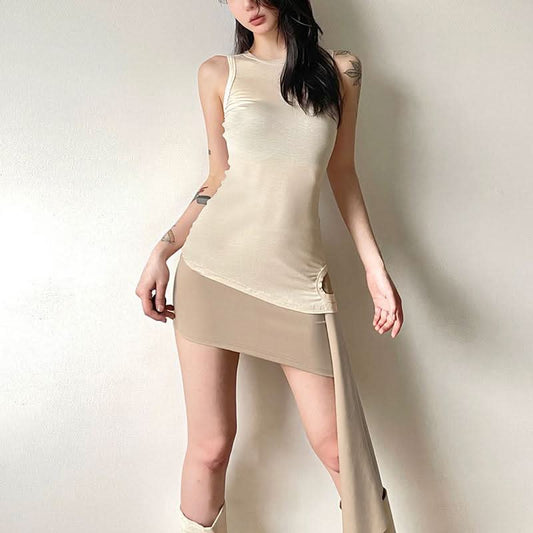 Crewneck irregular hollow out sleeveless solid cut out top