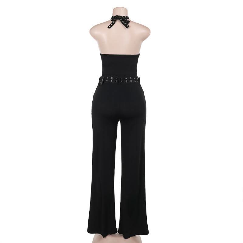 Halter lace up hollow out self tie backless jumpsuit