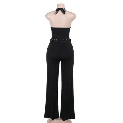 Halter lace up hollow out self tie backless jumpsuit