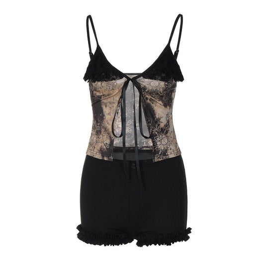 V neck lace hem print self tie cami pant set