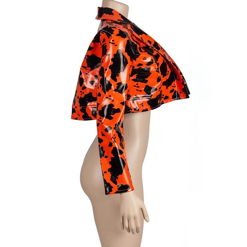 Turnover collar long sleeve PU leather print top