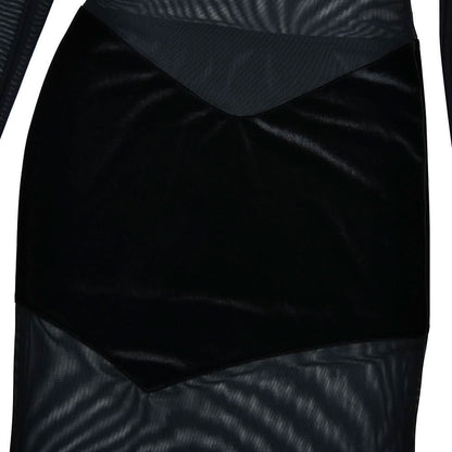 High neck long sleeve mesh patchwork velvet maxi dress