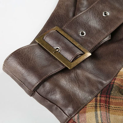 PU leather plaid patchwork belt lace hem mini skirt