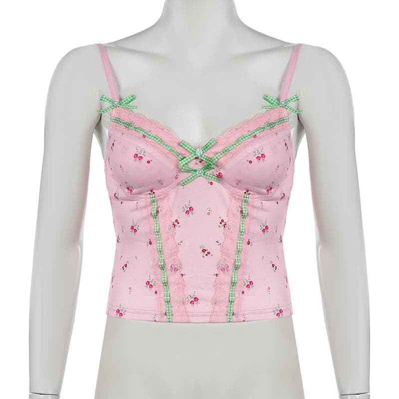 Flower print lace hem bowknot cami top