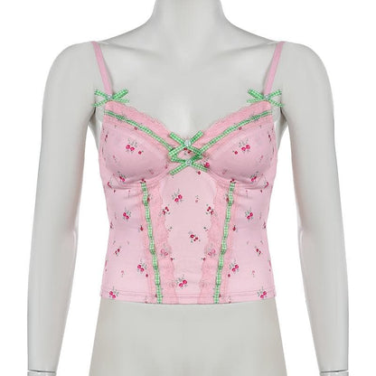 Flower print lace hem bowknot cami top