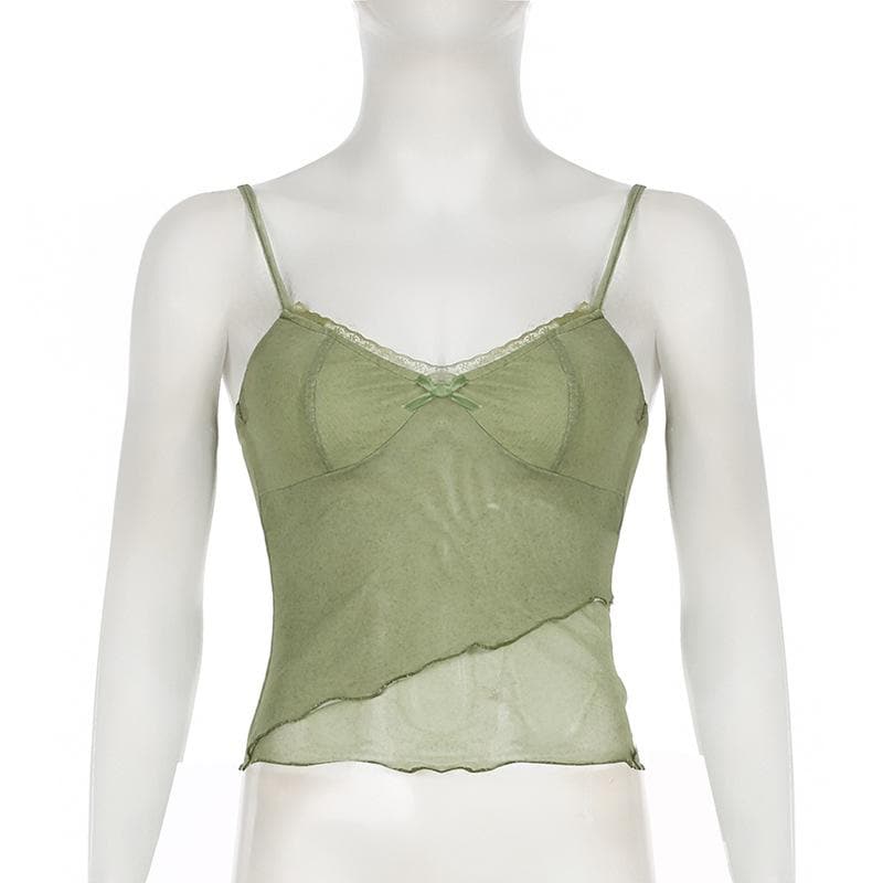 Lace hem ruffle irregular mesh bowknot cami top