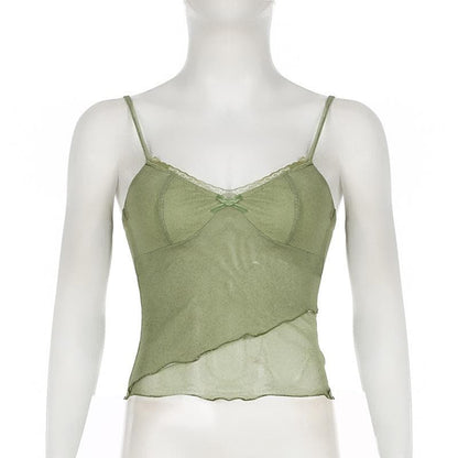 Lace hem ruffle irregular mesh bowknot cami top