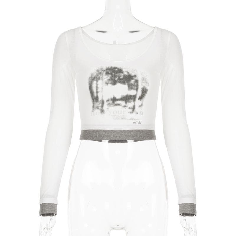 Long sleeve round neck patchwork crop top