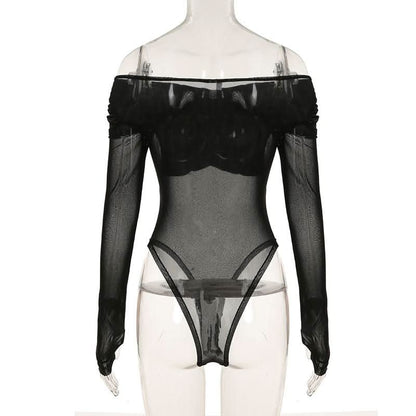 Off shoulder long sleeve mesh bodysuit