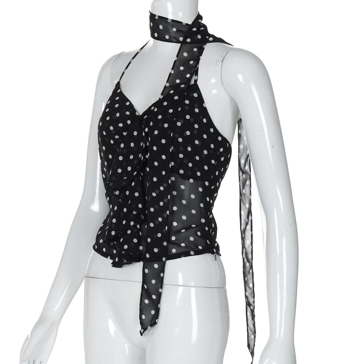 Halter polka dot ruffle knotted top