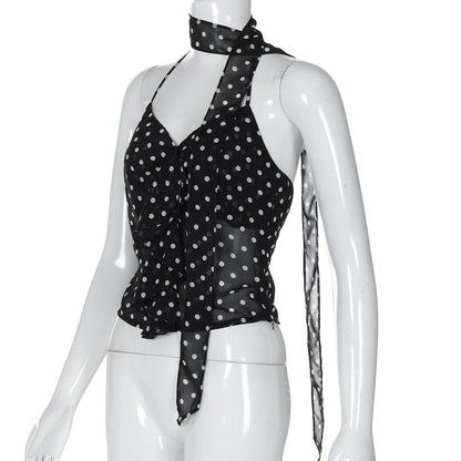 Halter polka dot ruffle knotted top