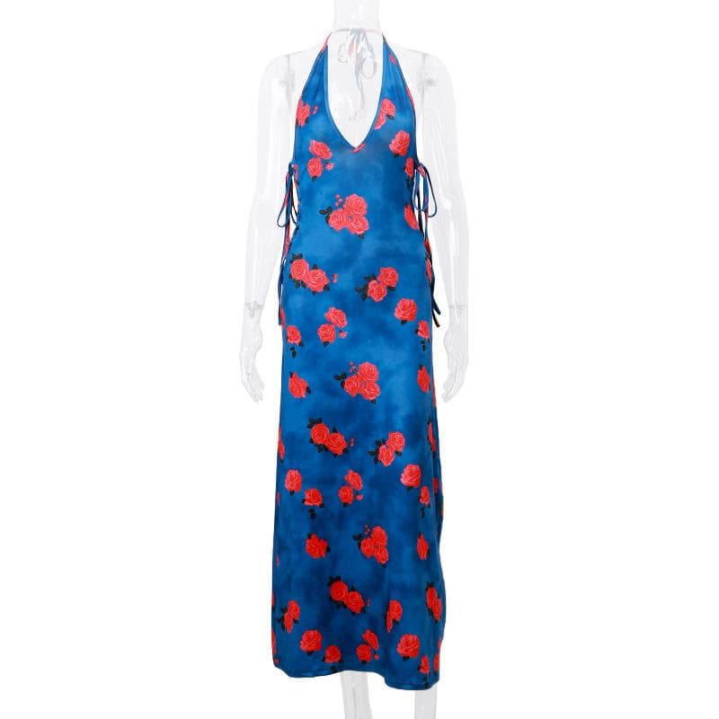 Halter Neck Side Lace Up Floral Print Bodycon Maxi Dress