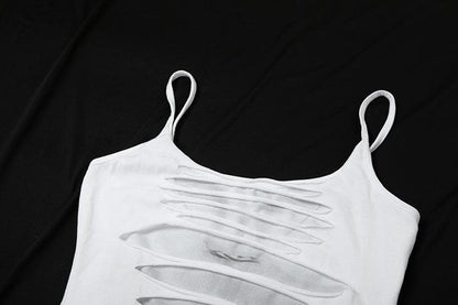 U neck body print hollow out cami cut out mini dress