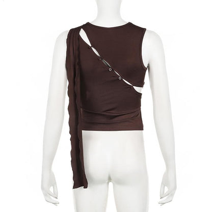 Irregular crewneck button hollow out cut out top