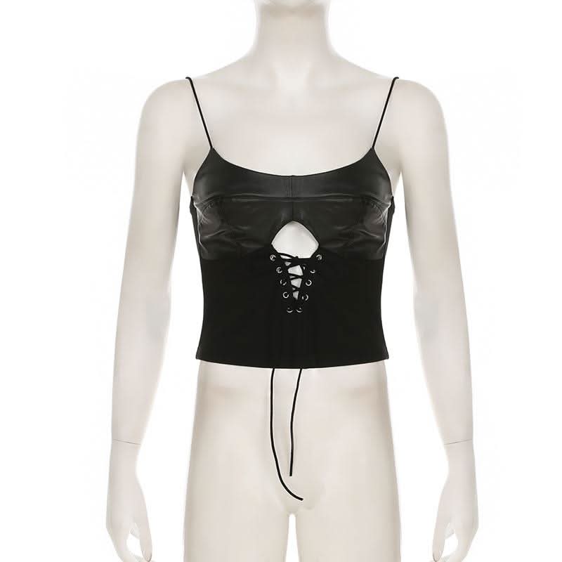 PU leather patchwork lace up cami top