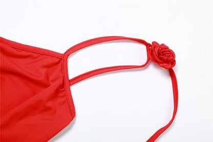 Flower applique backless solid v neck ribbon cami maxi dress-final-sale