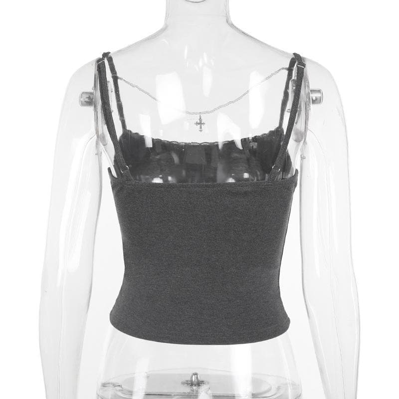 Print lace hem beaded backless cami top