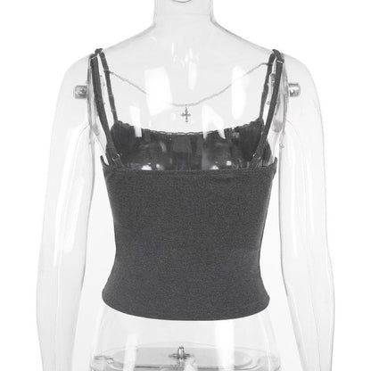 Print lace hem beaded backless cami top
