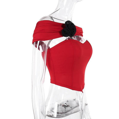 Off shoulder flower applique bustier top