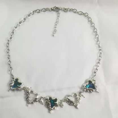 Blue rhinestone heart decor choker necklace
