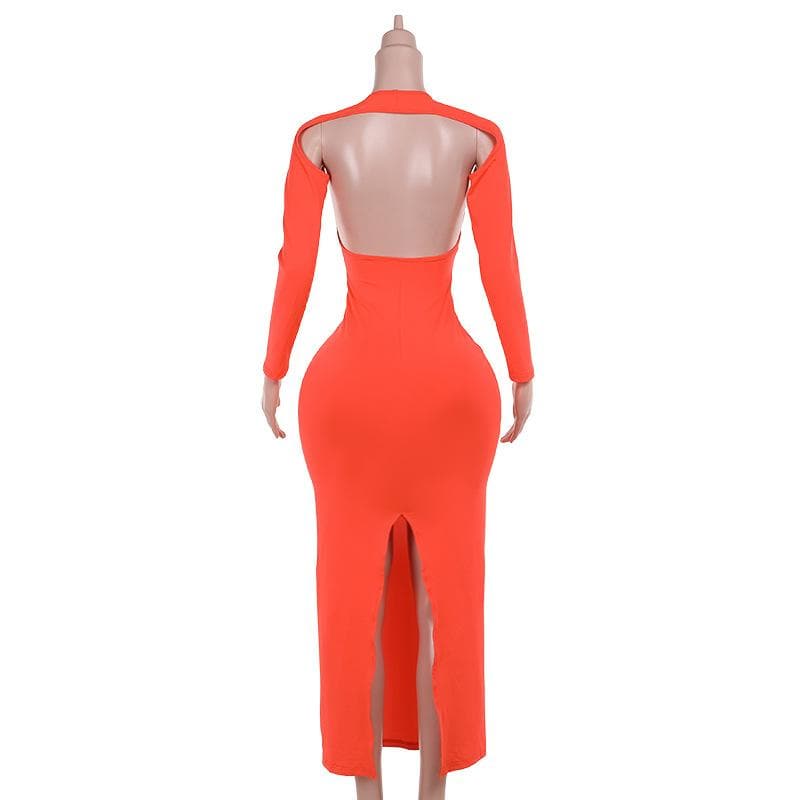 Long sleeve crewneck hollow out slit cut out maxi dress