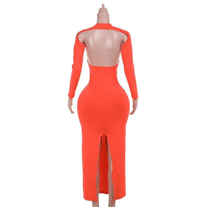 Long sleeve crewneck hollow out slit cut out maxi dress