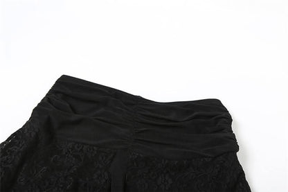 Lace mesh patchwork ruched ruffle midi skirt